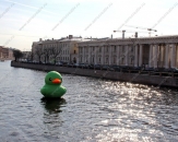 Надувная гигантская фигура "Зеленая утка", плавающая по каналам Санкт-Петербурга
